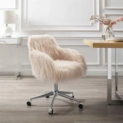 Flash Sale 😉 Linon Fiona Faux Fur Swivel Office Chair In Pink 🎉 -Deals Writing Desks Store 1677642 22 L