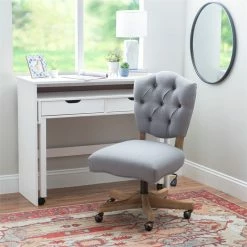 Best Pirce 🔥 Linon Kelsey Wood Upholstered Swivel Office Chair In Gray 💯 -Deals Writing Desks Store 1677646 23 L