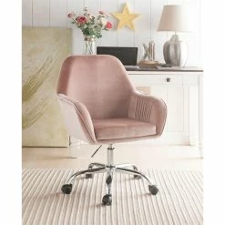 Hot Sale 🧨 ACME Furniture ACME Eimer Velvet Upholstered Swivel Office Chair In Peach And Chrome 🛒 -Deals Writing Desks Store 1738659 1 L