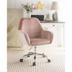Hot Sale 🧨 ACME Furniture ACME Eimer Velvet Upholstered Swivel Office Chair In Peach And Chrome 🛒 -Deals Writing Desks Store 1738659 7 L