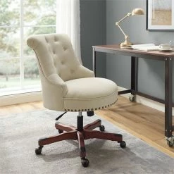 Hot Sale 😉 Linon Sinclair Wood Upholstered Adjustable Office Chair In Beige ⭐ -Deals Writing Desks Store 1814204 16 L
