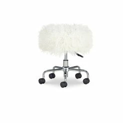 Discount 🥰 Linon Mallory Faux Fur Backless Rolling Stool In White 😉 -Deals Writing Desks Store 1814226 3 L