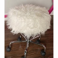 Discount 🥰 Linon Mallory Faux Fur Backless Rolling Stool In White 😉 -Deals Writing Desks Store 1814226 5 L