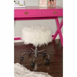 Discount 🥰 Linon Mallory Faux Fur Backless Rolling Stool In White 😉 -Deals Writing Desks Store 1814226 7 L