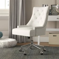 Promo 🔥 PRI Home Fare Button Tufted Adjustable Upholstered Office Chair In Beige 🥰 -Deals Writing Desks Store 1987453 7 L