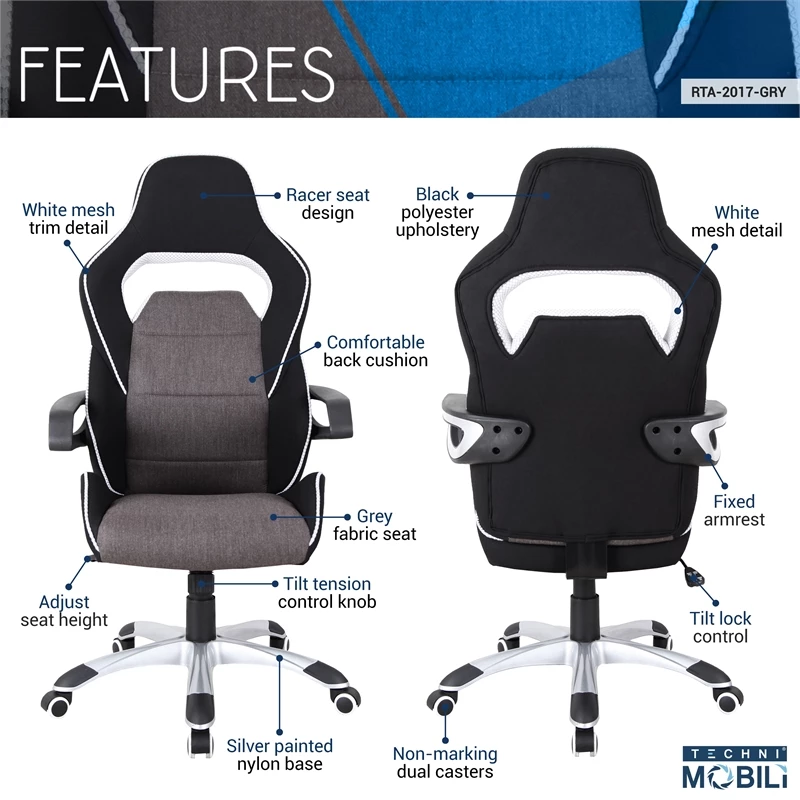 Wholesale ⌛ Techni Mobili Ergonomic Fabric Racing Style Home & Office Chair In Gray/Black 😍 4 Wholesale ⌛ Techni Mobili Ergonomic Fabric Racing Style Home & Office Chair In Gray/Black 😍 - Image 2