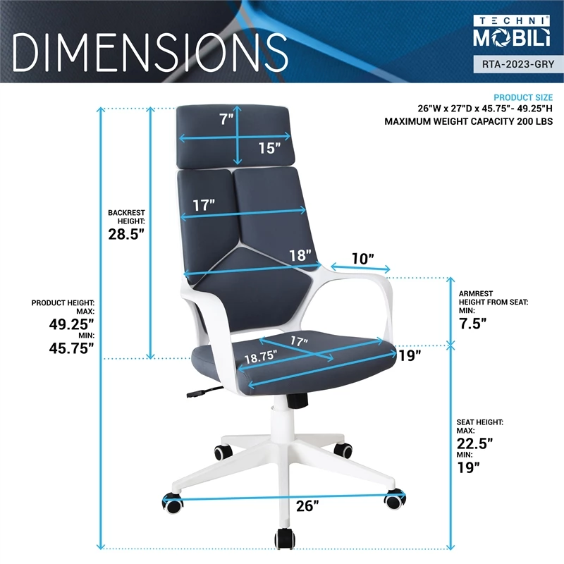 Brand new ๐ Techni Mobili Modern Fabric And Nylon Base Studio Office Chair In Gray/White ๐งจ 4 Brand new ๐ Techni Mobili Modern Fabric And Nylon Base Studio Office Chair In Gray/White ๐งจ - Image 2