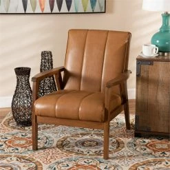 Deals 🛒 Baxton Studio Tan Faux Leather Upholstered And Brown Finished Wood Lounge Chair ⌛ 12 Deals 🛒 Baxton Studio Tan Faux Leather Upholstered And Brown Finished Wood Lounge Chair ⌛ -Deals Writing Desks Store 2106844 1 L