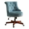 Best Sale 🥰 Benjara 35 Inch Wooden Swivel Office Chair-Button Tufted Backrest-Blue And Brown 🔥 -Deals Writing Desks Store 2206596 L