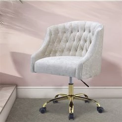 Flash Sale 👏 Benjara 23" Fabric Swivel Office Chair With Metal Base In Cream And Gold ❤️ -Deals Writing Desks Store 2206730 5 L