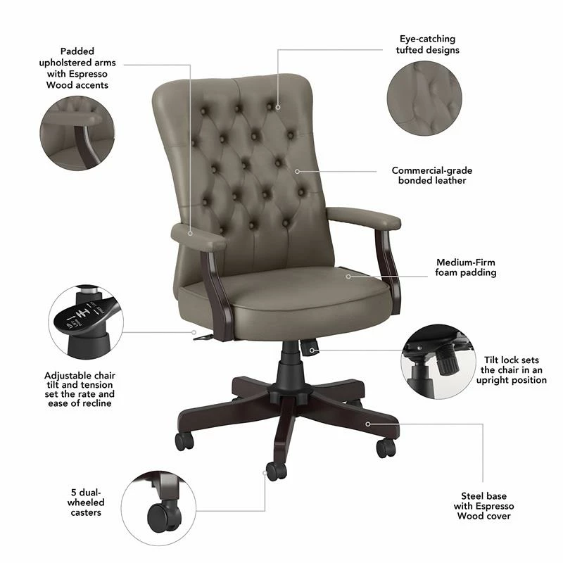 Budget 👏 Bush Mayfield High Back Tufted Office Chair With Arms In Washed Gray - Bonded Leather ✨ 5 Budget 👏 Bush Mayfield High Back Tufted Office Chair With Arms In Washed Gray - Bonded Leather ✨ - Image 3
