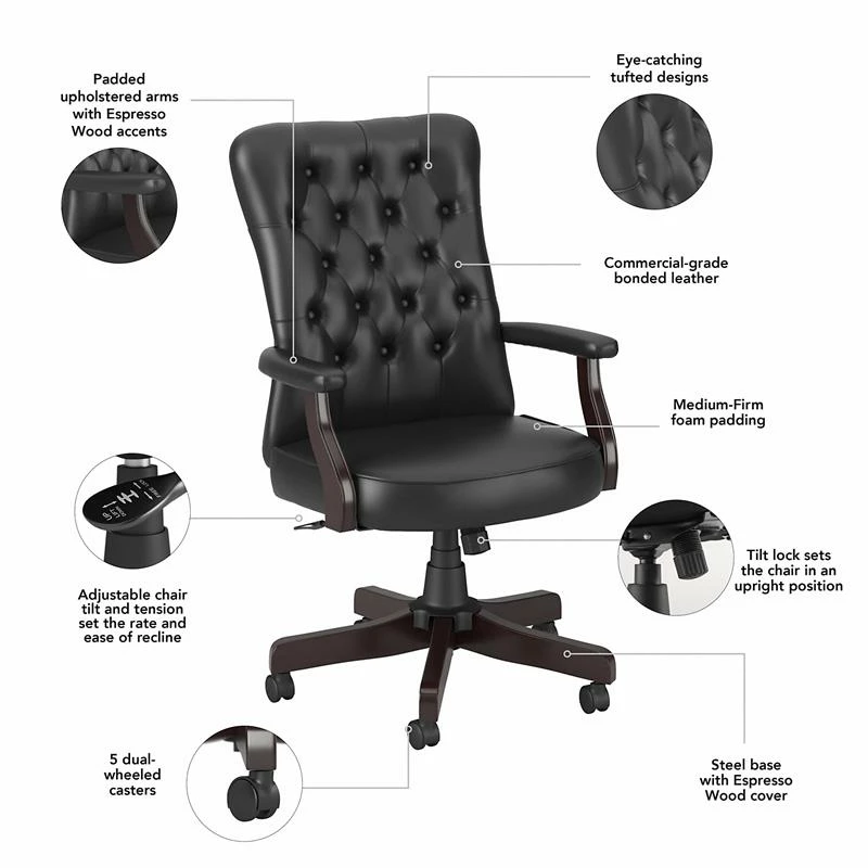 Promo ✔️ Bush Salinas High Back Tufted Office Chair With Arms In Black Leather 😀 5 Promo ✔️ Bush Salinas High Back Tufted Office Chair With Arms In Black Leather 😀 - Image 3