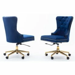 New ❤️ Best Quality Furniture Swivel Office Chair In Navy Blue Velvet With Gold Chrome And Tufted Seat Back ⌛