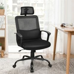 Budget 🎁 Costway Contemporary PU Mesh Swivel Office Chair With High Back In Black ⌛ -Deals Writing Desks Store 2314370 1 L