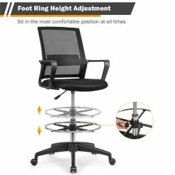 Brand new 🌟 Costway Mesh And Sponge Adjustable Height Drafting Chair With Footrest In Black ⌛ -Deals Writing Desks Store 2326243 5 L