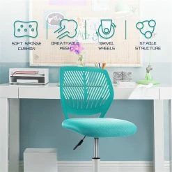 New 👍 Costway Sponge Adjustable Mid Back Swivel Armless Office Chair In Turquoise 🔔 -Deals Writing Desks Store 2326456 4 L