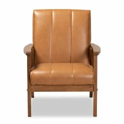 Wholesale 🎉 Bowery Hill Tan Faux Leather Upholstered And Brown Finished Wood Lounge Chair 🛒