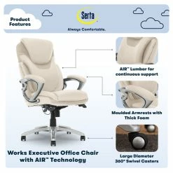 Wholesale 👏 Serta At Home Serta Bryce Executive Office Chair With AIR Technology Cream Bonded Leather 🤩 -Deals Writing Desks Store 2404177 7 L