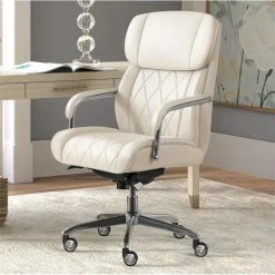 Budget 🎁 La-Z-Boy Office La-Z-Boy Sutherland Quilted Leather Executive Office Chair Ivory White 😀 -Deals Writing Desks Store 2404203 18 L