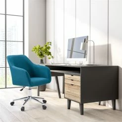 Outlet 🥰 CorLiving Marlowe Fabric Upholstered Chrome Base Task Chair In Dark Blue 😍 -Deals Writing Desks Store 2423251 5 L