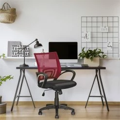 Cheapest 🎁 Scranton & Co Mesh Fabric Back Swivel Office Chair In Maroon 🎁 -Deals Writing Desks Store 2436992 5 L