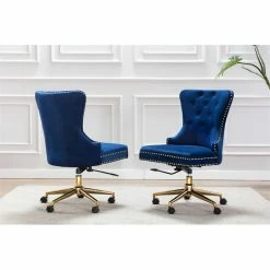 Budget ❤️ Scranton & Co Office Chair In Navy Blue Velvet With Gold Chrome 💯 -Deals Writing Desks Store 2437260 1 L