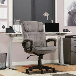 Buy 👍 Scranton & Co Executive Office Chair In Velvet Gray Microfiber Black Base ⌛ -Deals Writing Desks Store 2437968 21 L