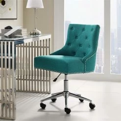 Outlet 🥰 Scranton & Co Button Tufted Upholstered Swivel Office Chair In Teal 🥰 -Deals Writing Desks Store 2438033 10 L