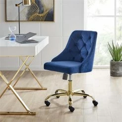 Cheapest 🎁 Scranton & Co Performance Velvet Tufted Office Swivel Chair In Gold And Navy ⭐ -Deals Writing Desks Store 2438055 1 L