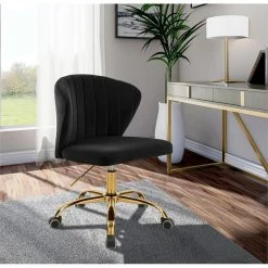 Brand new 😀 Scranton & Co Swivel Adjustable Black Velvet And Gold Office Chair ⭐ -Deals Writing Desks Store 2438061 1 L