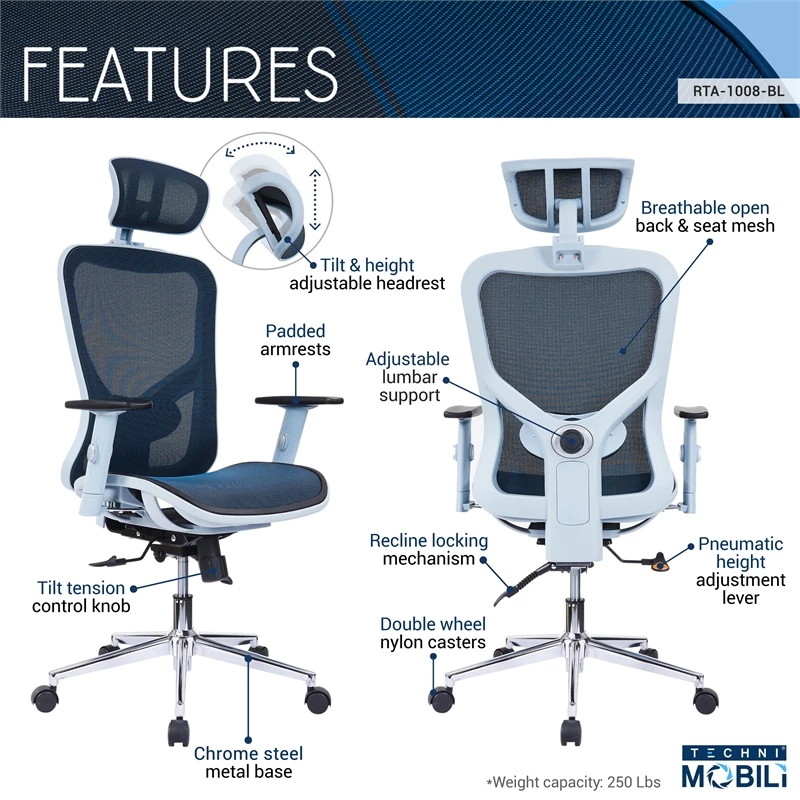 Deals 😉 Scranton & Co High-Back Executive Fabric Mesh Office Chair With Arms In Blue 🛒 5 Deals 😉 Scranton & Co High-Back Executive Fabric Mesh Office Chair With Arms In Blue 🛒 - Image 3