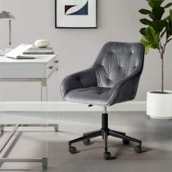 Hot Sale 🔥 CRO Decor Velvet Home Office Desk Chairs Adjustable Task Desk Chair In Gray 🎉 -Deals Writing Desks Store 2439763 3 L