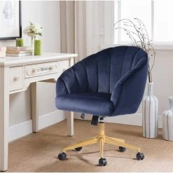 Deals 😉 FurnitureR Canna Swivel Padded Velvet Task Office Chair In Midnight Blue/Gold 💯 -Deals Writing Desks Store 2440235 1 L