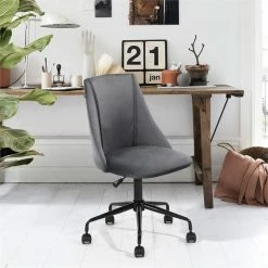 Deals ✨ FurnitureR Cian Swivel Seat Modern Velvet Upholstered Task Chair In Gray 🔔 -Deals Writing Desks Store 2440238 5 L