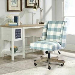New 😉 FurnitureR Bormuth Fabric & Wood Home Office Chair In Patterned Blue/White ❤️ -Deals Writing Desks Store 2440246 1 L