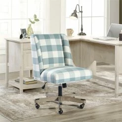 New 😉 FurnitureR Bormuth Fabric & Wood Home Office Chair In Patterned Blue/White ❤️ -Deals Writing Desks Store 2440246 6 L
