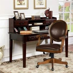Best Pirce 🤩 FurnitureR Hetty Faux Leather Upholstered & Rubber Wood Office Chair In Brown 🤩 -Deals Writing Desks Store 2440250 6 L