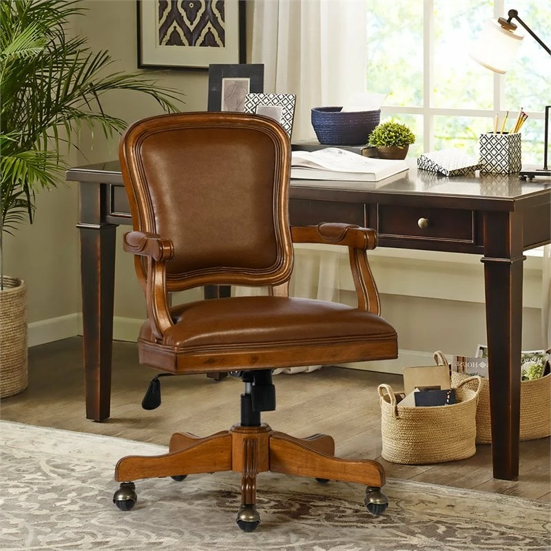 Coupon 🌟 FurnitureR Kerri Faux Leather Upholstered & Wood Office Chair In Brown 🌟 4 Coupon 🌟 FurnitureR Kerri Faux Leather Upholstered & Wood Office Chair In Brown 🌟 - Image 2