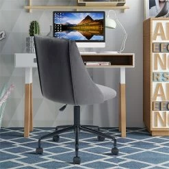 Outlet 👏 CRO Decor Velvet Fabric Swivel Task Office Chair With Adjustable Height In Gray 😀 -Deals Writing Desks Store 2442922 3 L