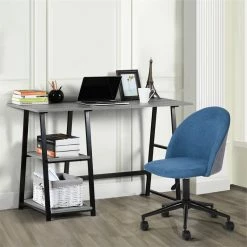Discount 👍 FurnitureR Fabric Upholstered Adjustable Swivel Office Chair In Blue/Gray 🌟 -Deals Writing Desks Store 2445562 1 L