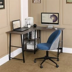 Discount 👍 FurnitureR Fabric Upholstered Adjustable Swivel Office Chair In Blue/Gray 🌟 -Deals Writing Desks Store 2445562 6 L