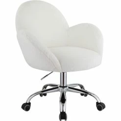 Hot Sale 🎉 Bowery Hill Contemporary Office Chair In White Lapin & Chrome Finish ⌛