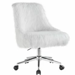 Discount 🌟 Bowery Hill Contemporary Office Chair In White Faux Fur & Chrome Finish 🛒