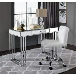 Discount ⭐ ACME Furniture ACME Arundell Office Chair In White Faux Fur & Chrome Finish 🔔 -Deals Writing Desks Store 2475584 4 L