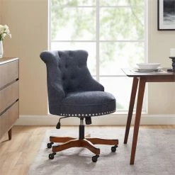 Deals ❤️ UrbanPro Wood Upholstered Office Chair In Dark Blue 👏 -Deals Writing Desks Store 2516919 5 L