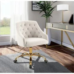 Best Sale 🛒 UrbanPro Contemporary Swivel Adjustable Cream Velvet And Gold Office Chair 😍 -Deals Writing Desks Store 2517055 1 L