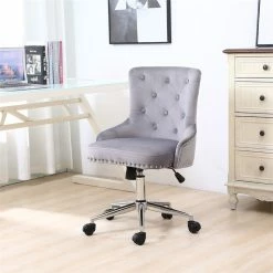 Outlet 💯 Alexent Mid-Century Velvet Office Chair With Adjustable Height In Gray 🧨 -Deals Writing Desks Store 2517331 1 L