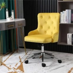 Flash Sale 🔥 Alexent Mid-Century Velvet Office Chair With Adjustable Height In Yellow 🌟 -Deals Writing Desks Store 2517333 1 L