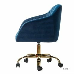 Budget 🛒 14 Karat Home Velvet Fabric Upholstered/Iron Task Office Chair In Gold/Navy 🌟 -Deals Writing Desks Store 2577275 2 L