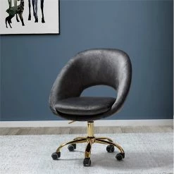 Discount 🥰 14 Karat Home Velvet Fabric Upholstered/Iron Task Office Chair In Gold/Charcoal ✨ -Deals Writing Desks Store 2577334 1 L